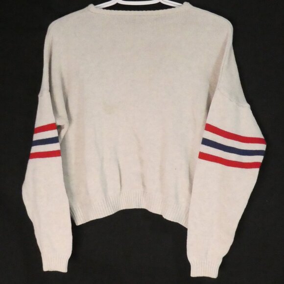 Women's Grey Cropped Sweater | medium | Red and Blue Striped Sleeves - Picture 2 of 15
